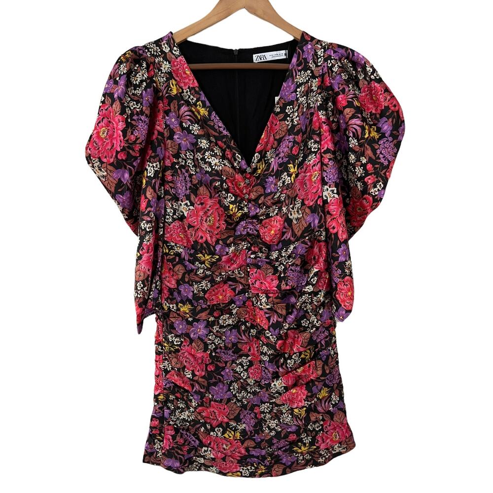 ZARA Puffy sleeve Party dress Dark Floral Print M